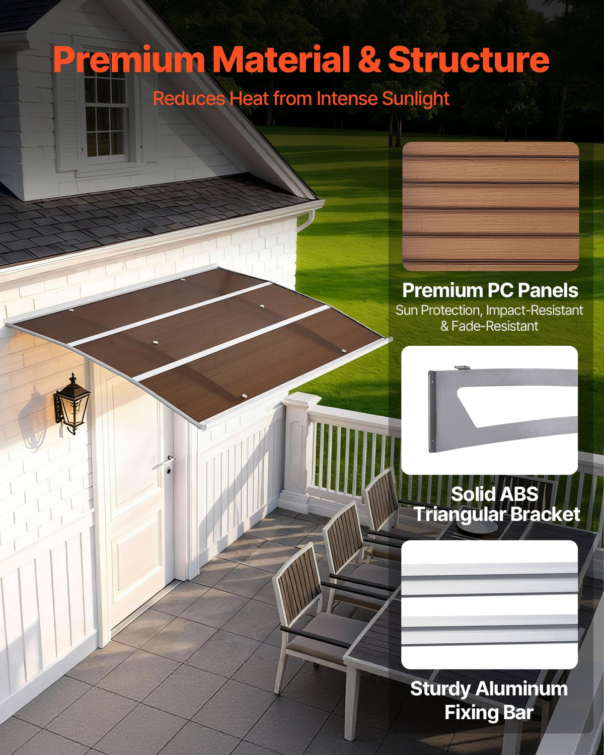 VEVOR Awnings for Door Entrance, 39 x 59 in, Exterior Front Door Window Awnings with Drainage & Metal Bracket, Rain Snow Sun Protection, Overhang Polycarbonate Door Canopy for Porch Patio, Brown - GDSZYP4059IN8U93V001V0 - view 5