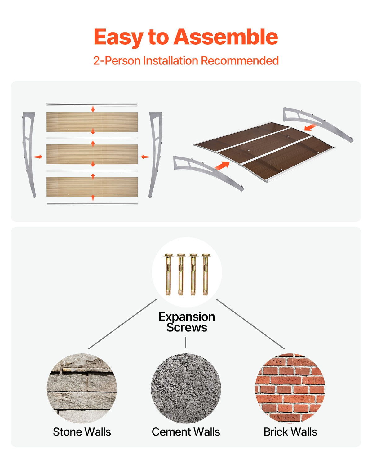 VEVOR Awnings for Door Entrance, 39 x 59 in, Exterior Front Door Window Awnings with Drainage & Metal Bracket, Rain Snow Sun Protection, Overhang Polycarbonate Door Canopy for Porch Patio, Brown - GDSZYP4059IN8U93V001V0 - view 6
