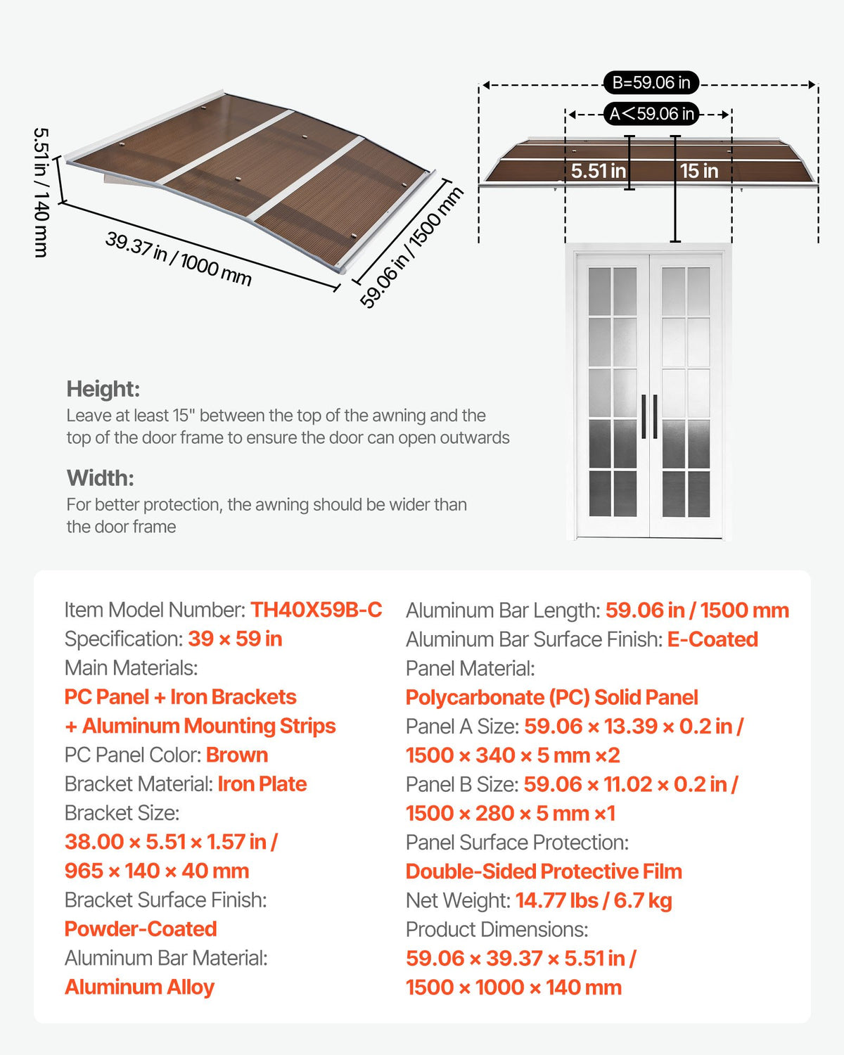 VEVOR Awnings for Door Entrance, 39 x 59 in, Exterior Front Door Window Awnings with Drainage & Metal Bracket, Rain Snow Sun Protection, Overhang Polycarbonate Door Canopy for Porch Patio, Brown - GDSZYP4059IN8U93V001V0 - view 8