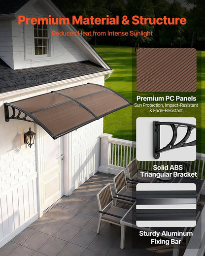 VEVOR Awnings for Door Entrance, 38 x 78 in, Exterior Front Door Window Awnings with Drainage & Metal Bracket, Rain Snow Sun Protection, Overhang Polycarbonate Door Canopy for Porch Patio, Brown - GDSZYP4080YC4BXI6001V0 - view 5