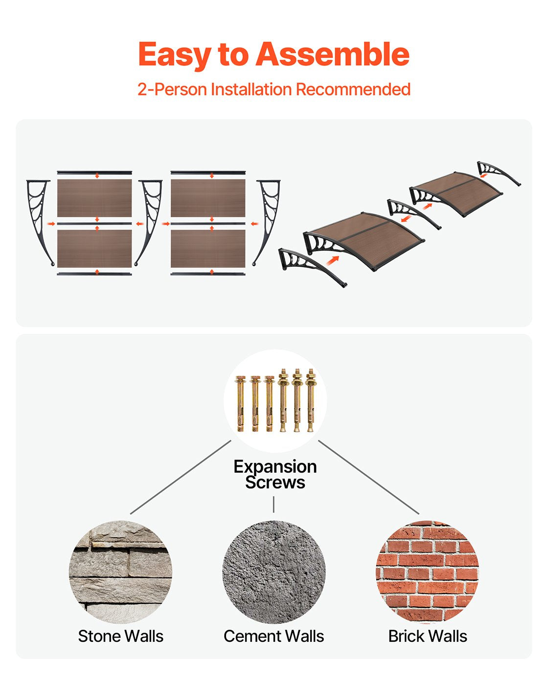 VEVOR Awnings for Door Entrance, 38 x 78 in, Exterior Front Door Window Awnings with Drainage & Metal Bracket, Rain Snow Sun Protection, Overhang Polycarbonate Door Canopy for Porch Patio, Brown - GDSZYP4080YC4BXI6001V0 - view 6