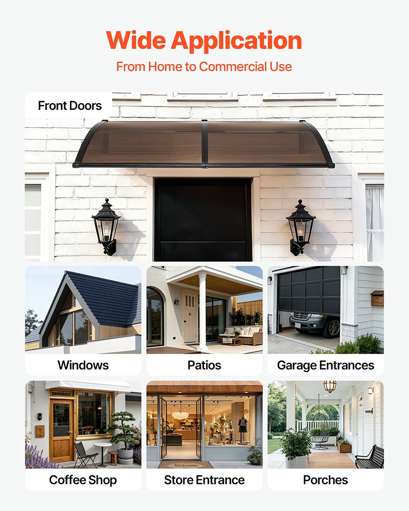 VEVOR Awnings for Door Entrance, 38 x 78 in, Exterior Front Door Window Awnings with Drainage & Metal Bracket, Rain Snow Sun Protection, Overhang Polycarbonate Door Canopy for Porch Patio, Brown - GDSZYP4080YC4BXI6001V0 - view 7