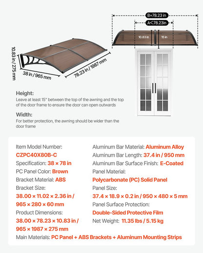 VEVOR Awnings for Door Entrance, 38 x 78 in, Exterior Front Door Window Awnings with Drainage & Metal Bracket, Rain Snow Sun Protection, Overhang Polycarbonate Door Canopy for Porch Patio, Brown - GDSZYP4080YC4BXI6001V0 - view 8