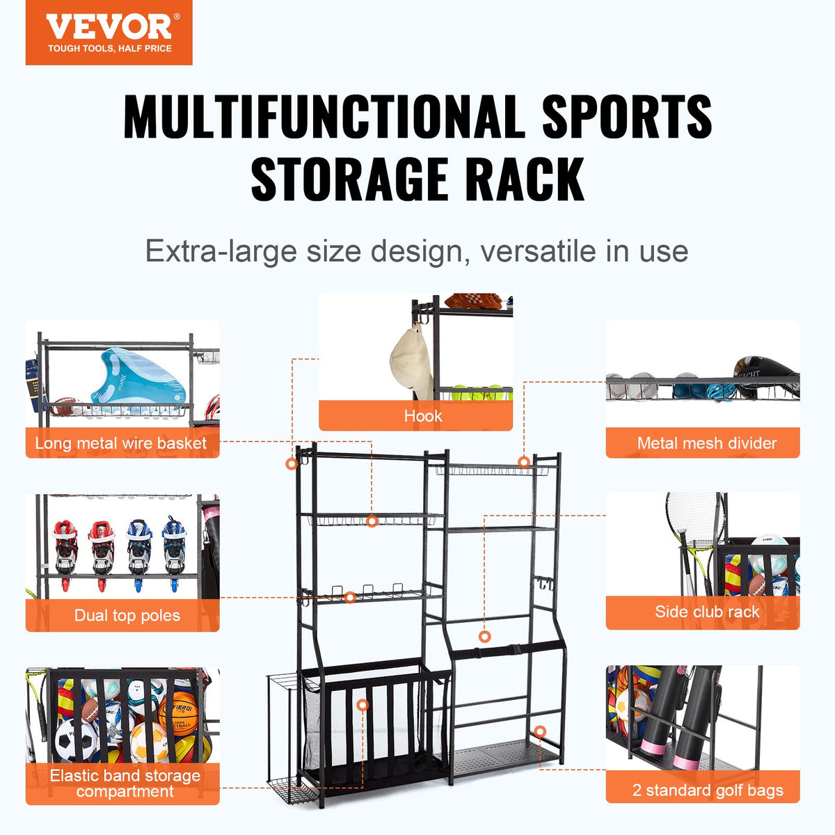 VEVOR Golf Storage Garage Organizer, 2 Golf Bag Storage Stand Holder and Other Sports Equipment Storage Rack, Outdoor Steel Ball Cart, Sports Gear and Toys Storage Shelves with - GEFSNJHSF0G2GAR4SV0 - view 2