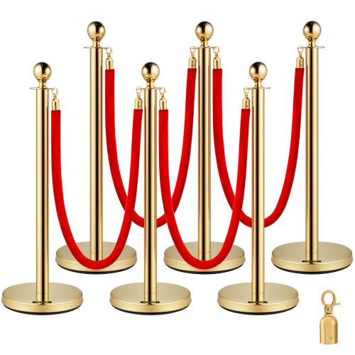 VEVOR 6 PCS Gold Stanchions Posts Stainless Steel Stanchion Queue Post Red Rope Retractable 38In for Both Indoor and Outdoor use. - GLZJS1.5M4RS6JTZHV0 - view 1