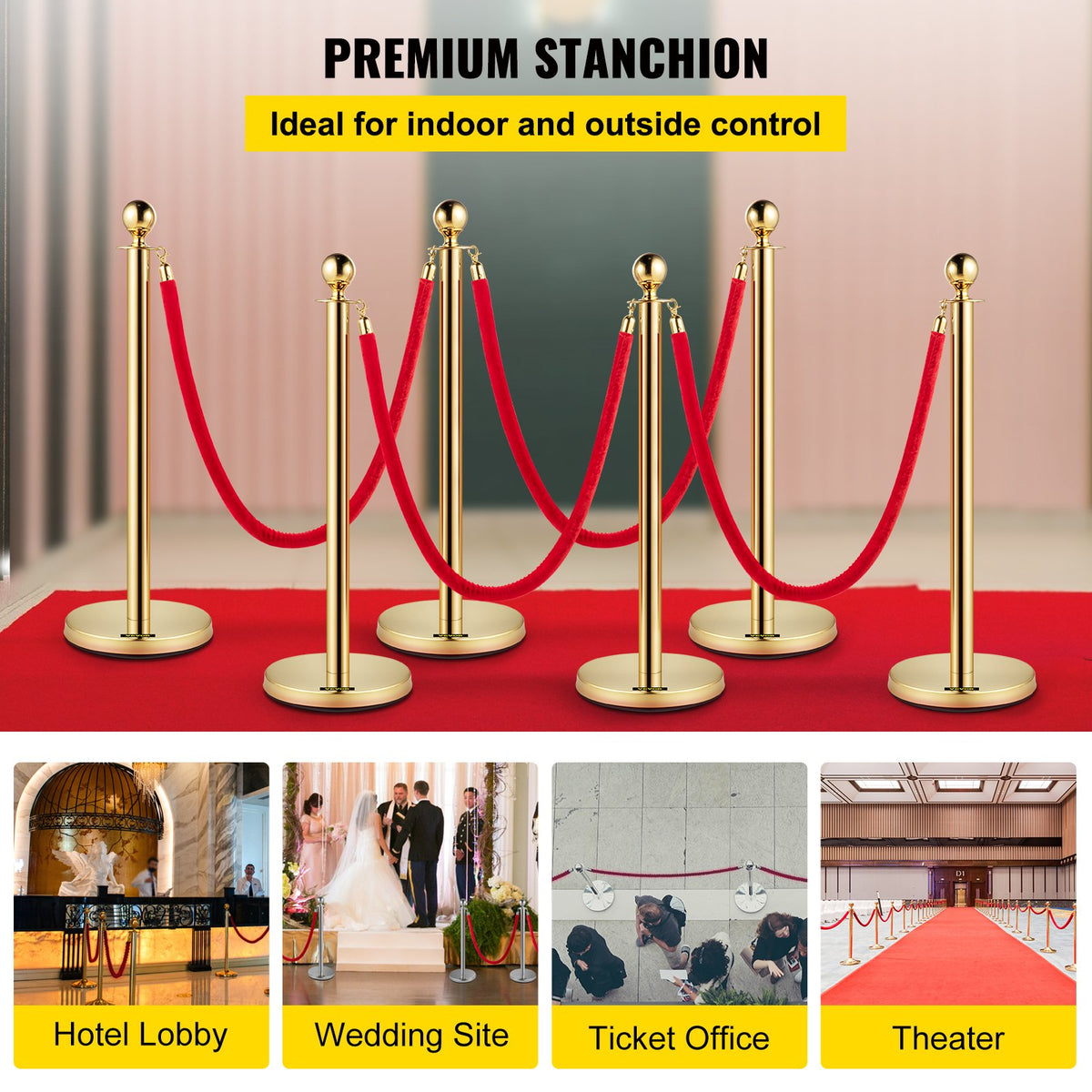 VEVOR 6 PCS Gold Stanchions Posts Stainless Steel Stanchion Queue Post Red Rope Retractable 38In for Both Indoor and Outdoor use. - GLZJS1.5M4RS6JTZHV0 - view 2