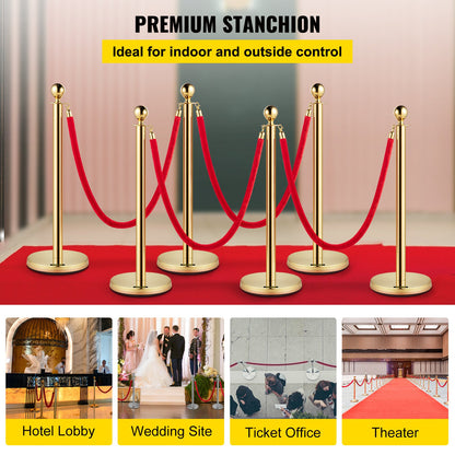 VEVOR 6 PCS Gold Stanchions Posts Stainless Steel Stanchion Queue Post Red Rope Retractable 38In for Both Indoor and Outdoor use. - GLZJS1.5M4RS6JTZHV0 - view 2