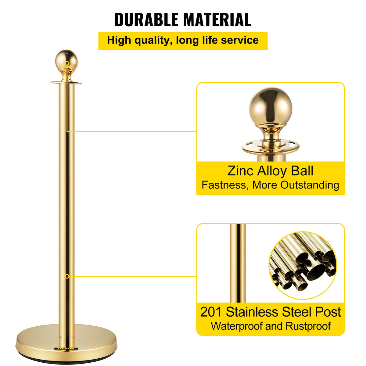 VEVOR 6 PCS Gold Stanchions Posts Stainless Steel Stanchion Queue Post Red Rope Retractable 38In for Both Indoor and Outdoor use. - GLZJS1.5M4RS6JTZHV0 - view 3