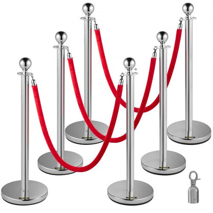 VEVOR 6 PCS Crowd Control Stanchion, Silver Stanchions Posts Stainless Steel Stanchion Queue Post Red Rope Retractable 38In for Both Indoor and Outdoor use. - GLZYS1.5M3RS6JTZHV0 - view 1