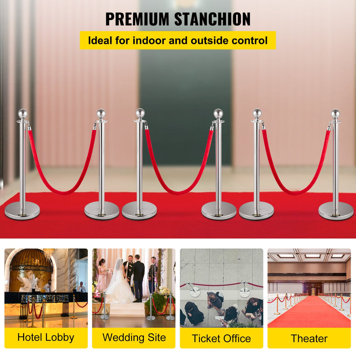 VEVOR 6 PCS Crowd Control Stanchion, Silver Stanchions Posts Stainless Steel Stanchion Queue Post Red Rope Retractable 38In for Both Indoor and Outdoor use. - GLZYS1.5M3RS6JTZHV0 - view 2