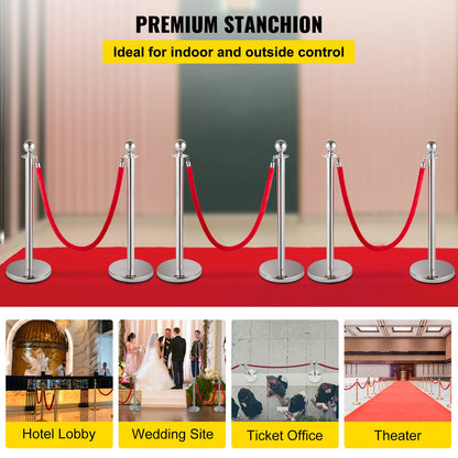 VEVOR 6 PCS Crowd Control Stanchion, Silver Stanchions Posts Stainless Steel Stanchion Queue Post Red Rope Retractable 38In for Both Indoor and Outdoor use. - GLZYS1.5M3RS6JTZHV0 - view 2