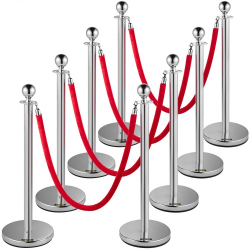 VEVOR Crowd Control Stanchion, Set of 8 Pieces Silver Stanchion Set, Stanchion Set with 5 ft/1.5 m Red Velvet Rope, Crowd Control Barrier with Sturdy Concrete and Metal Base - GLZYSQTHRS8JT0001V0 - view 1