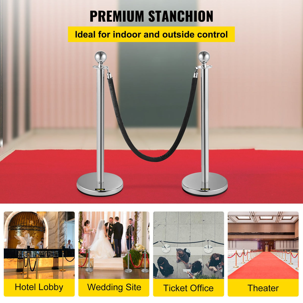 VEVOR Crowd Control Stanchion, Set of 2 Pieces Stanchion, Stanchion Set with 5 ft/1.5 m Black Velvet Rope, Silver Crowd Control Barrier with Sturdy Concrete and Metal Base – Easy C - GLZYSQTHRSJT2TPDAV0 - view 2