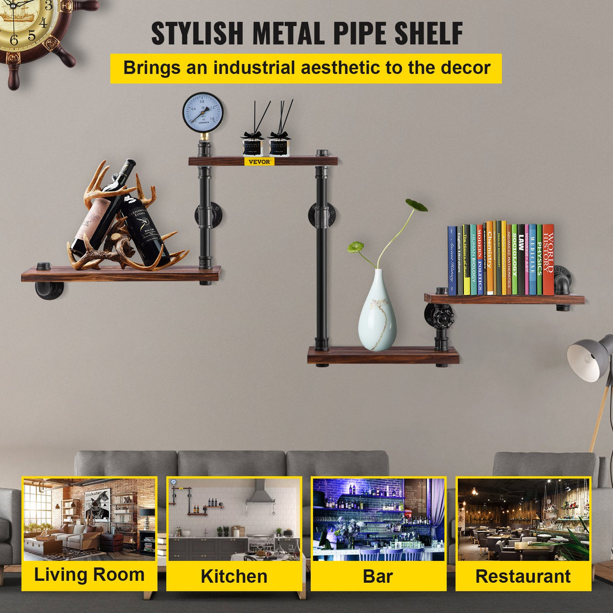 VEVOR Industrial Pipe Shelving, Pipe Shelves with 4-Tier Wood Planks, Rustic Floating Shelves Wall Mounted, Wall Shelf DIY Bookshelf for Bar Kitchen Bathroom Farmhouse Living - GSCWJ46825IN45KJ9V0 - view 2