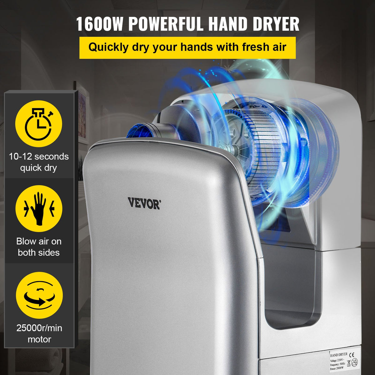 VEVOR Jet Hand Dryer, Premium Electric Commercial Blade Hand Dryer, ABS Air Dryer Hand with HEPA Filtration Wall Mount Hand Dryer, 1600W 110V Vertical Hand Dryer, High-Speed Automa - GSJLSGSPQSYS-WQO7V1 - view 2