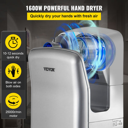 VEVOR Jet Hand Dryer, Premium Electric Commercial Blade Hand Dryer, ABS Air Dryer Hand with HEPA Filtration Wall Mount Hand Dryer, 1600W 110V Vertical Hand Dryer, High-Speed Automa - GSJLSGSPQSYS-WQO7V1 - view 2