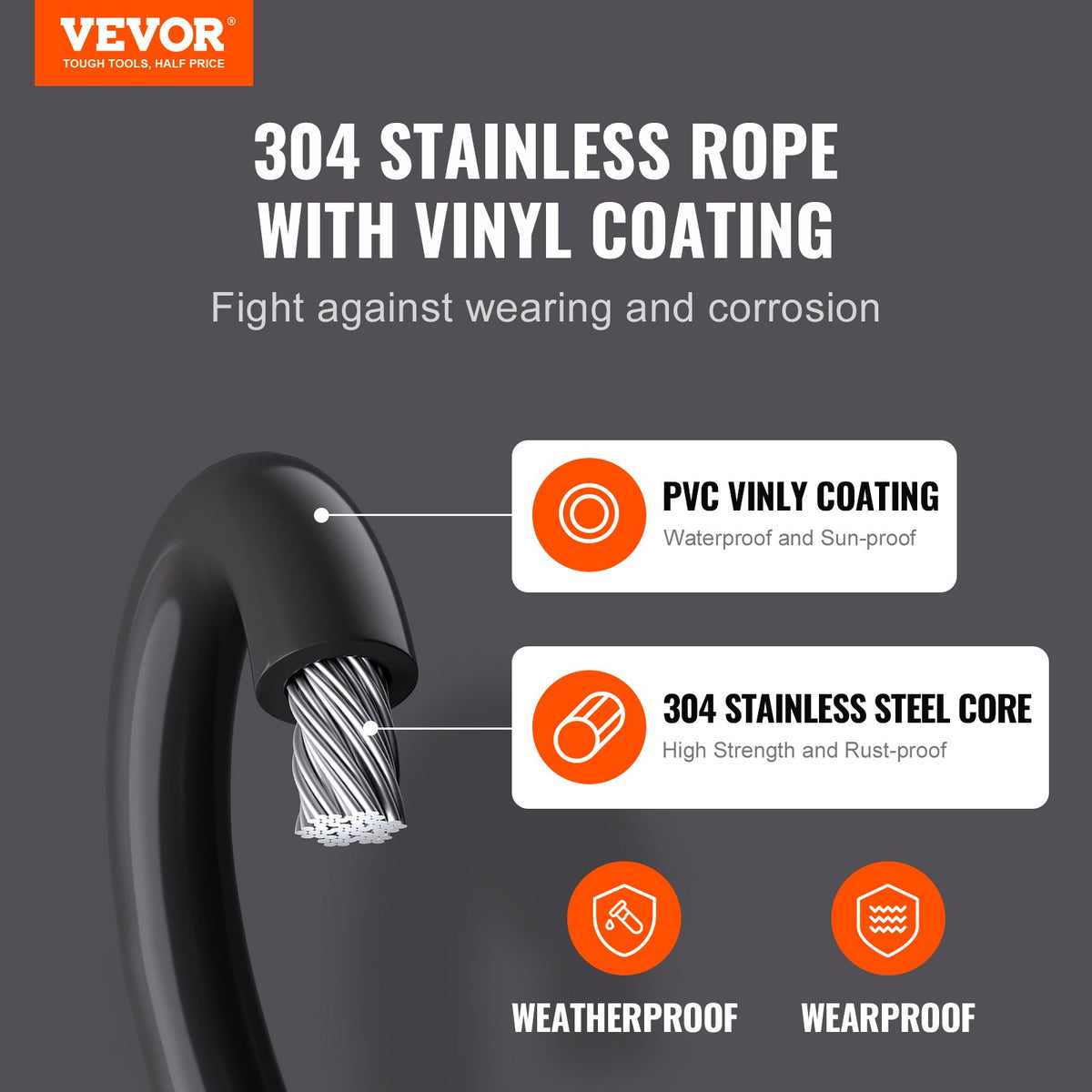VEVOR Vinyl Coated Wire Rope Kit, 3/32 Cable Through 1/16 Diameter Stainless Steel, 7x7 Strands Construction with 189 Accessories for String Lights, Clothesline, Vine, 164 ft Black - GSSPS164FT778GTWZV0 - view 2
