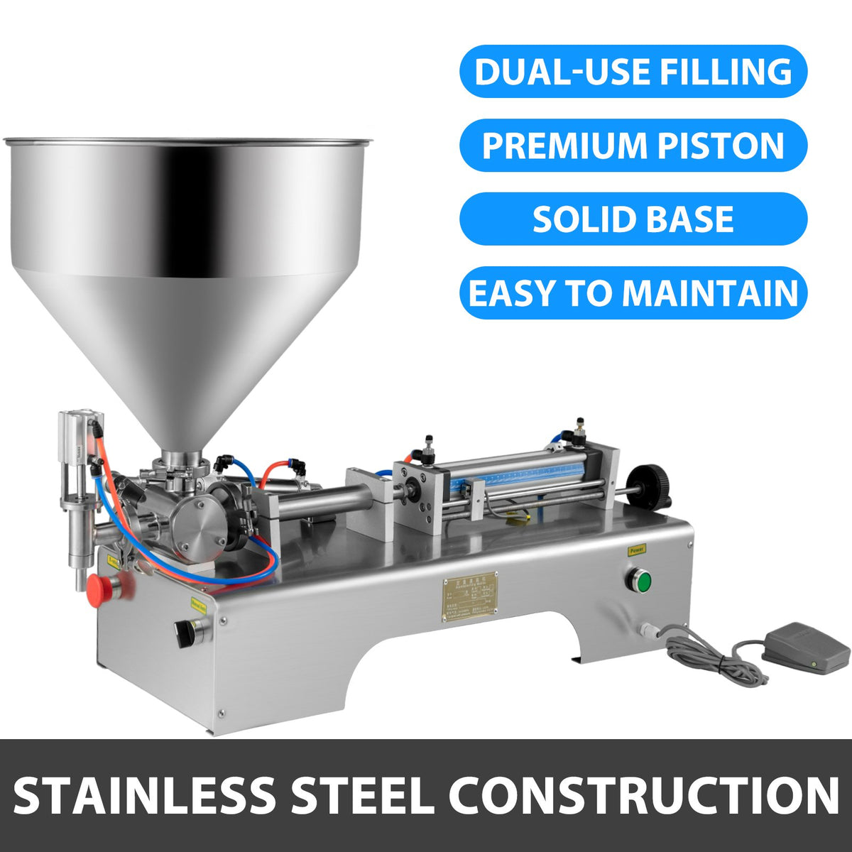VEVOR Horizontal Pneumatic Liquid Filling Machine 10-300ML, Paste Liquid Filling Machine with 30L Hopper, Pneumatic Dual-use Paste Filling Machine for Cream Shampoo Liquids - GZJ10-300MLGTQDZHV1 - view 2