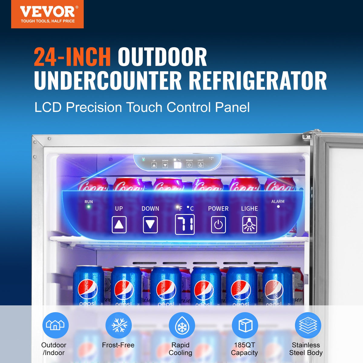 VEVOR 24 inch Indoor/Outdoor Beverage Refrigerator, 185QT Undercounter or Freestanding Beverage Fridge, 175 Cans Built-in Beer Fridge with Stainless Steel Body for Residential - HWBX24YCBXGSQ3AYZV1 - view 2
