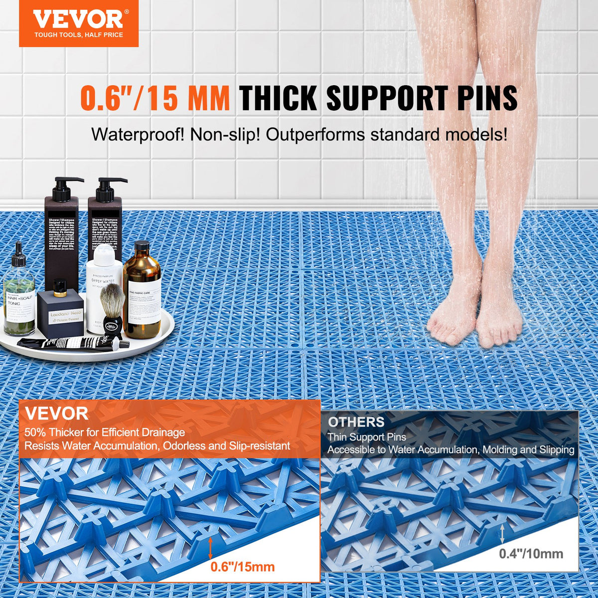 VEVOR Interlocking Tile 50PCS Blue, Drainage Tiles 12" x 12" Splicing, Soft PVC Interlocking Drainage Floor Tiles, Non-Slip Drainage Holes for Restroom, Bathroom, Kitchen, Pool, - HZXSJDD1212YAA9J2V0 - view 2