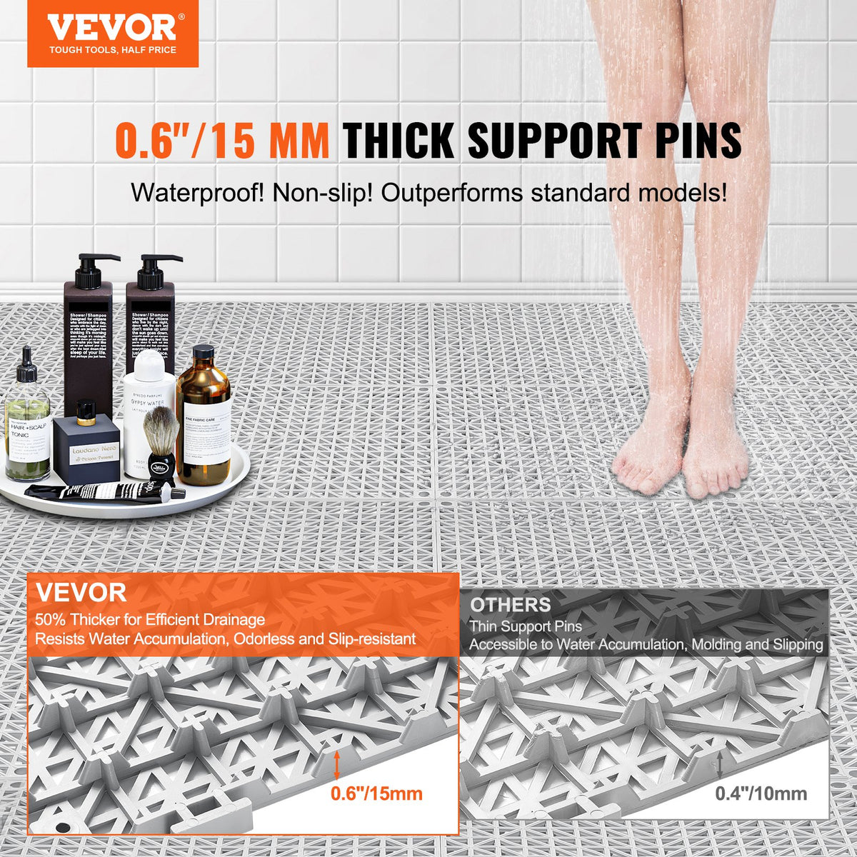VEVOR Interlocking Tile 50PCS Gray, Drainage Tiles 12" x 12" Splicing, Soft PVC Interlocking Drainage Floor Tiles, Non-Slip Drainage Holes for Restroom, Bathroom, Kitchen, Pool, - HZXSJDD1212YF0ZXDV0 - view 2