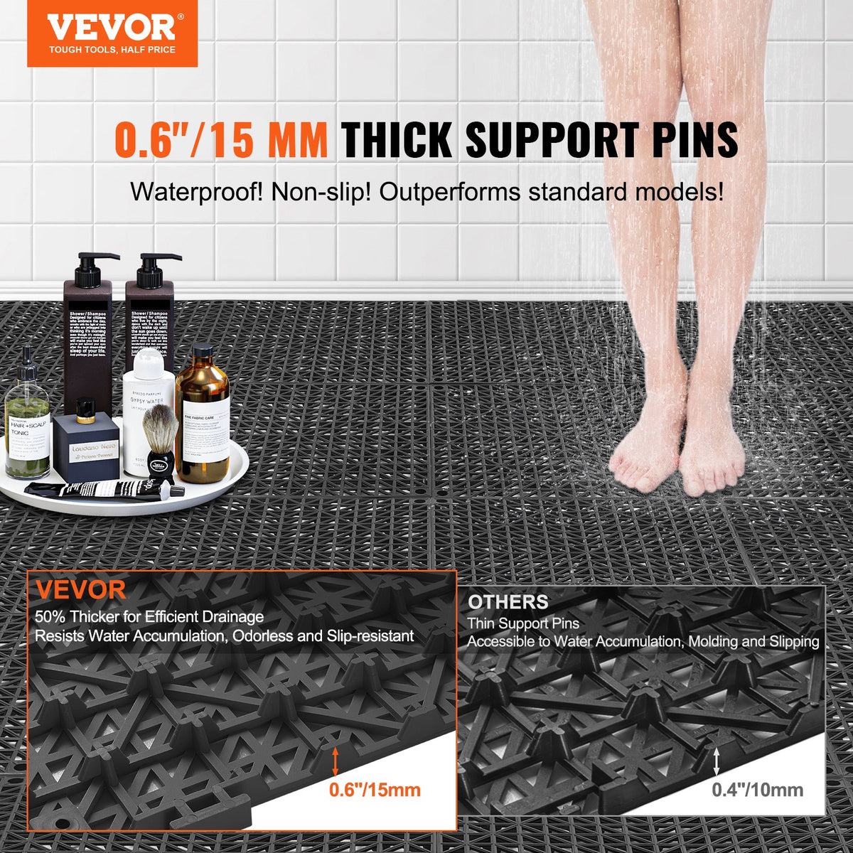 VEVOR Modular Interlocking Cushion, 12 Pack 12" x 12" Splicing Drainage Mats, Soft PVC Interlocking Drainage Floor Tiles, Non-Slip Drainage Holes for Restroom, Bathroom, Kitchen, - HZXSJDDHS12PQ3YS0V0 - view 2