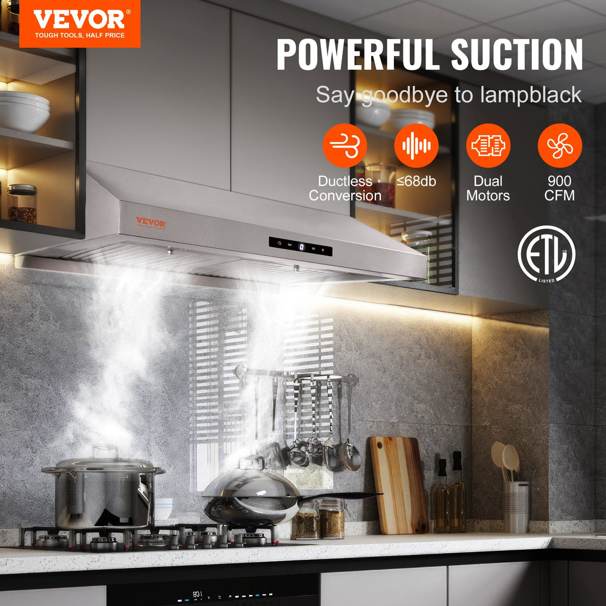 VEVOR Under Cabinet Range Hood, Dual Motors Ductless Kitchen Stove Vent, Stainless Steel Permanent Filter with 3-Speed Exhaust Fan, 2 Baffle Filters, LED Lights, Touch Control Panel, Silver (30 inch) - J30INCH558CFMM6PXV1 - view 2