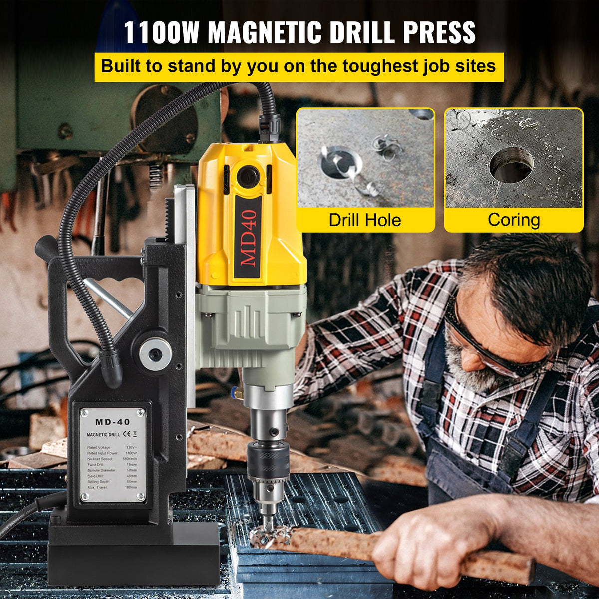 VEVOR Magnetic Drill, 1100W 1.57\" Boring Diameter, 2697lbf/12000N Portable Electric Mag Drill Press with 7 Bits, 580 RPM Max Speed Drilling Machine for any Surface and Home - JBLJC6PCS110VSLJ1V1 - view 2