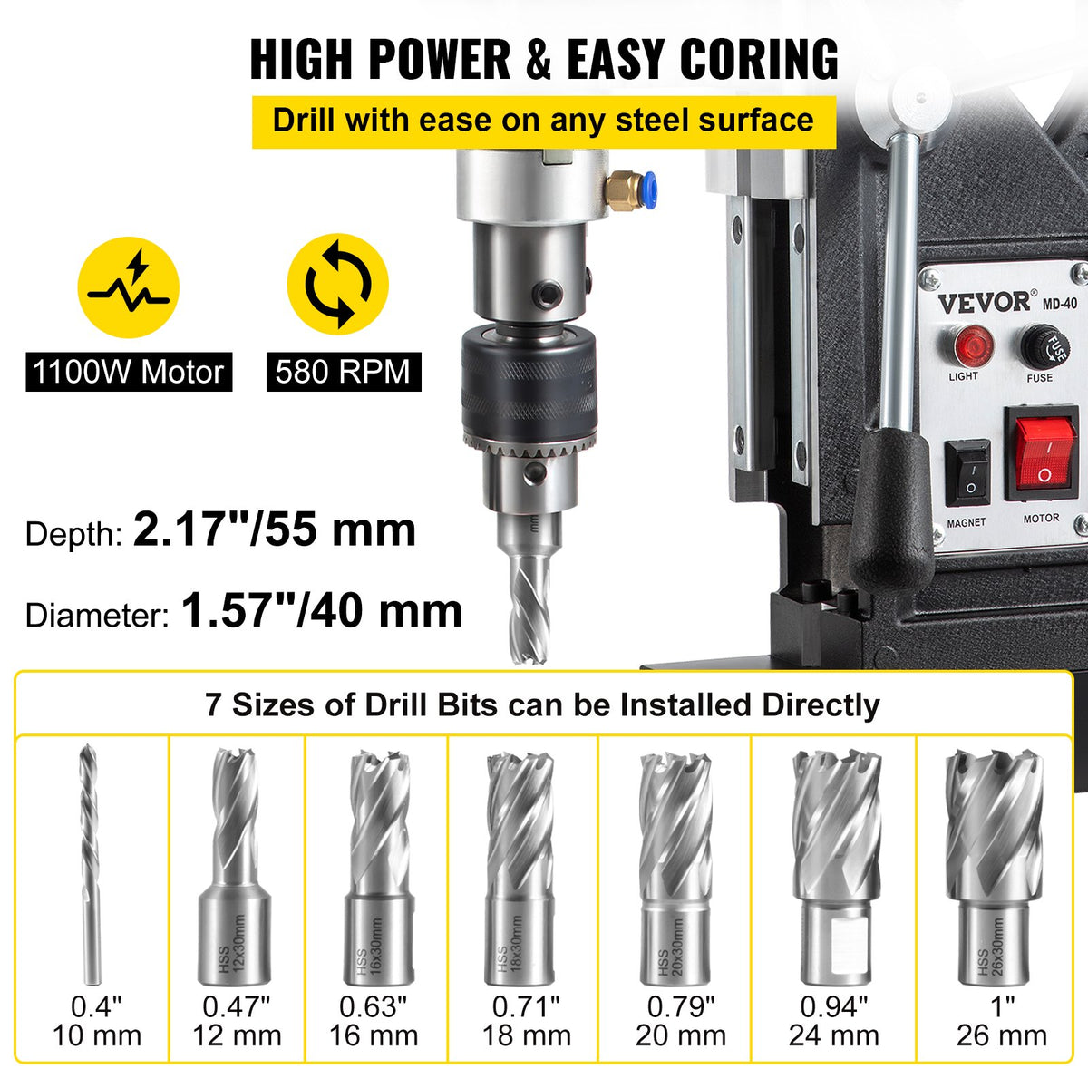VEVOR Magnetic Drill, 1100W 1.57\" Boring Diameter, 2697lbf/12000N Portable Electric Mag Drill Press with 7 Bits, 580 RPM Max Speed Drilling Machine for any Surface and Home - JBLJC6PCS110VSLJ1V1 - view 3