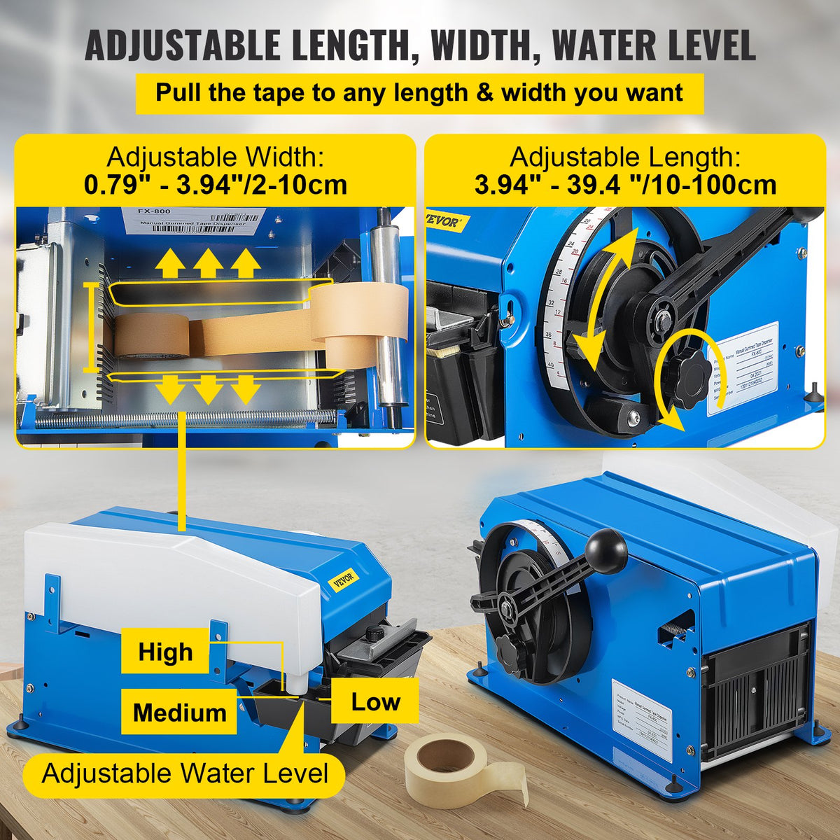 VEVOR Water-Activated Tape Dispenser, Maximum 39.4\" x 3.94\" Tape, Adjustable Length, Width & Water Level, Manual Tape Dispenser with Water Brush, Carton Packaging for Express - JDQGJBZDBDDWCYBSSV0 - view 3