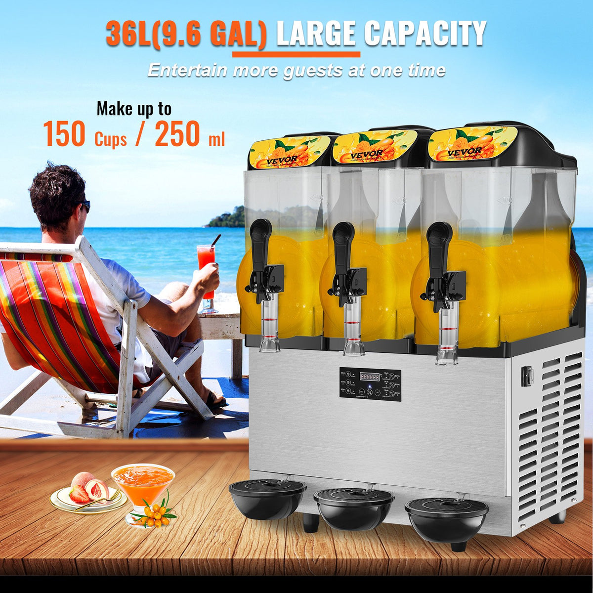 VEVOR Commercial Slushy Machine, 36L/9.6Gal Stainless Steel Margarita Smoothie Frozen Drink Maker, 150 Cup Triple Bowl Slushie Maker, 860W Slushie Machine for Home Party - JJKXRJHSGMC12BYBKV1 - view 3