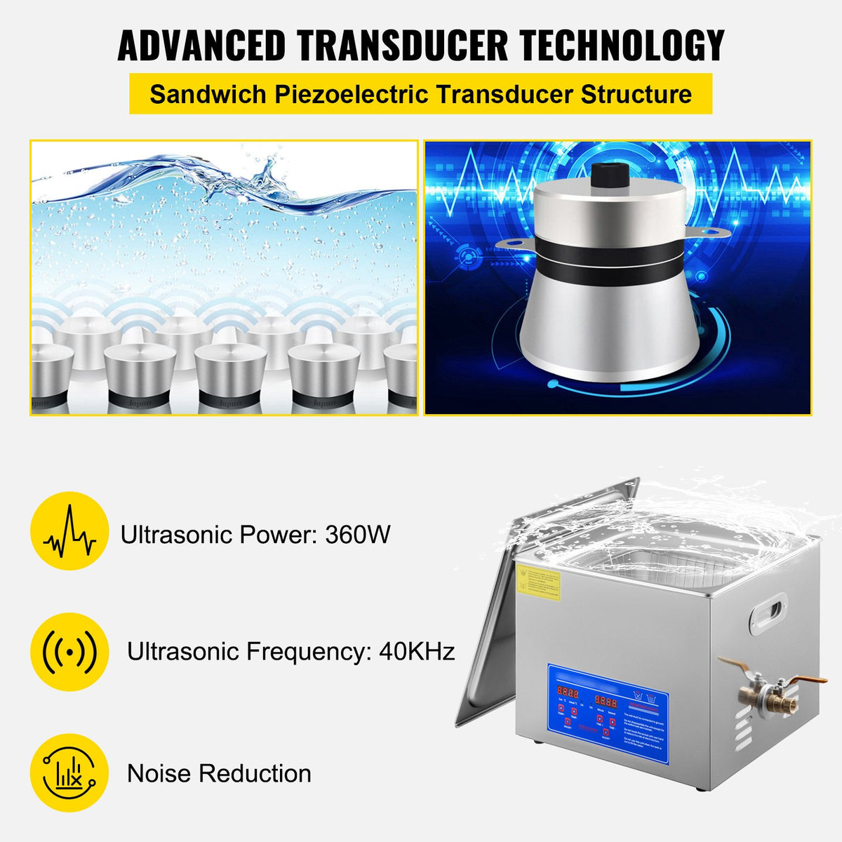VEVOR 15L Ultrasonic Cleaner with Digital Timer&Heater Professional Ultrasonic Cleaner 40kHz Advanced Ultrasonic Cleaner 110V for Wrench Screwdriver Repairing Tools Industrial Parts Mental Cleaning - JPS-60ACSBQXJ0001V1 - view 3