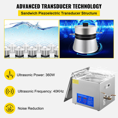 VEVOR 15L Ultrasonic Cleaner with Digital Timer&Heater Professional Ultrasonic Cleaner 40kHz Advanced Ultrasonic Cleaner 110V for Wrench Screwdriver Repairing Tools Industrial Parts Mental Cleaning - JPS-60ACSBQXJ0001V1 - view 3