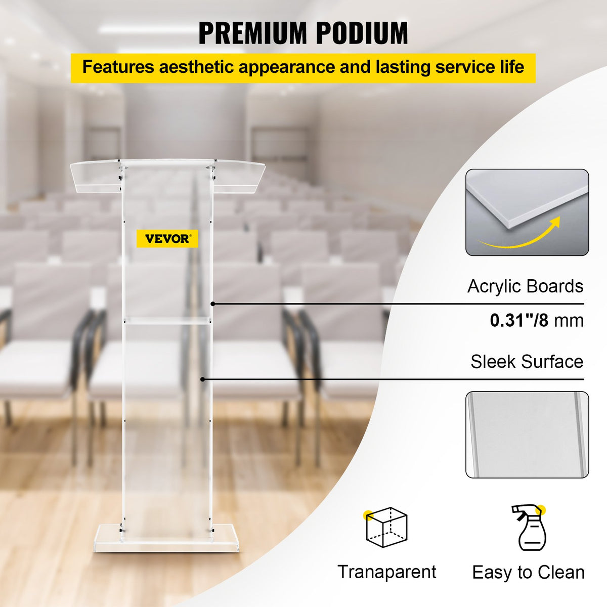 VEVOR Acrylic Podium 45\" Tall Plexiglass Podium 26.8\"x15\" Table Acrylic Pulpits for Churches with 8 mm Thick Acrylic Board Acrylic Podiums and Lecterns Design for Lecture Recita - JTYKLYJT45C000001V0 - view 3