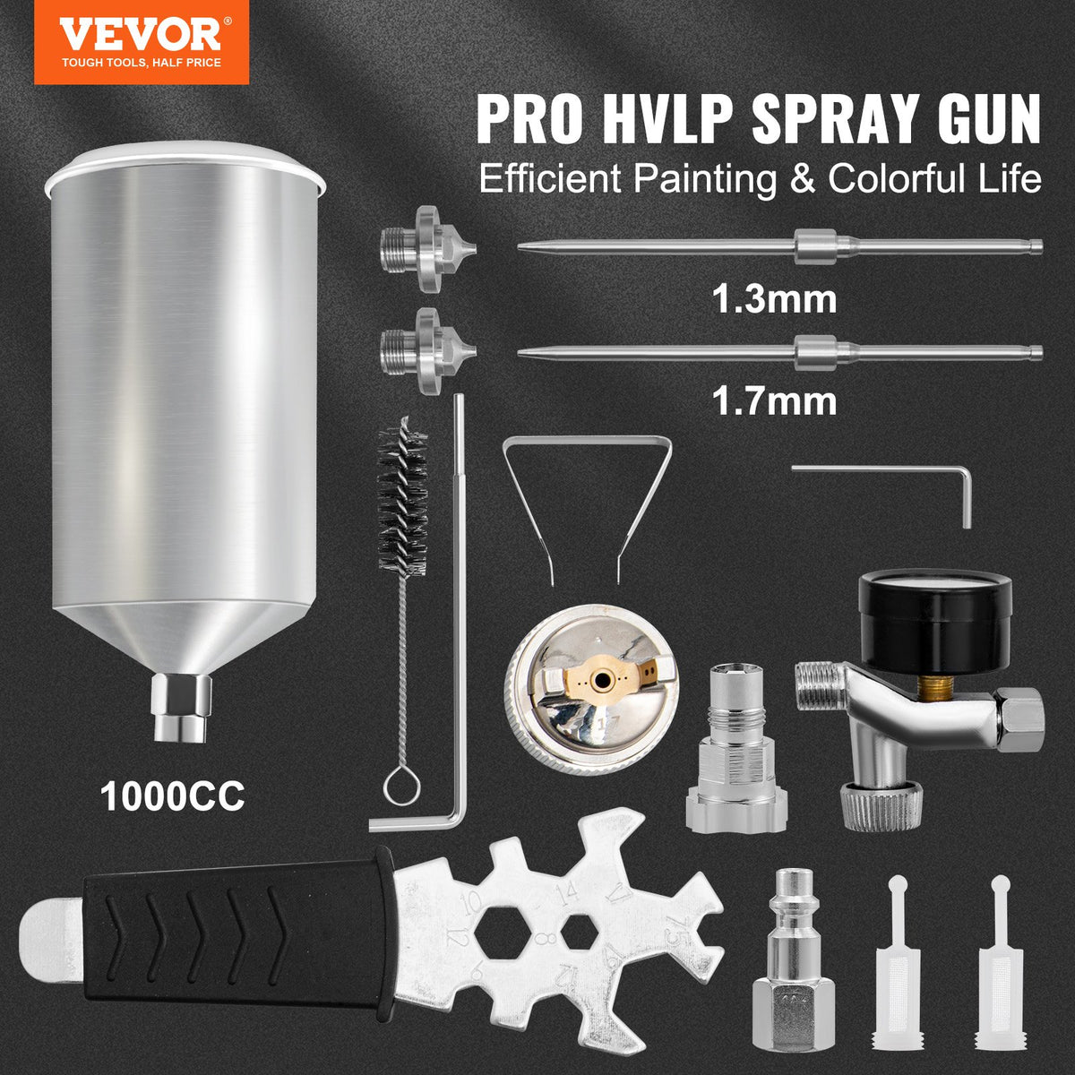 VEVOR HVLP Air Spray Gun, Professional Gravity Feed Sprayer Piant Automotive 1.3mm 1.7mm Stainless Nozzles 1000cc Copper Cup with MPS Adapter and Air Regulator for Primer, Clear & - KQPQPQ14MM18MJWU4V1 - view 2
