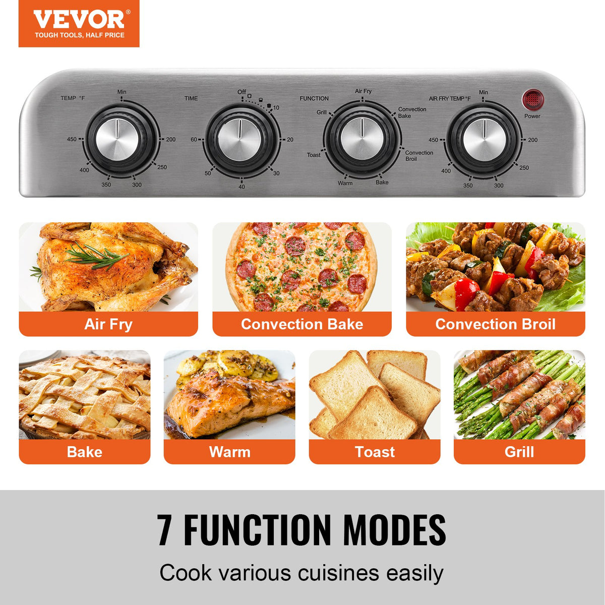 VEVOR 19.02 QT convection oven rotary controls and seven cooking modes