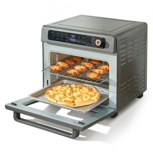 VEVOR 26.42 QT countertop convection oven with open door and food trays