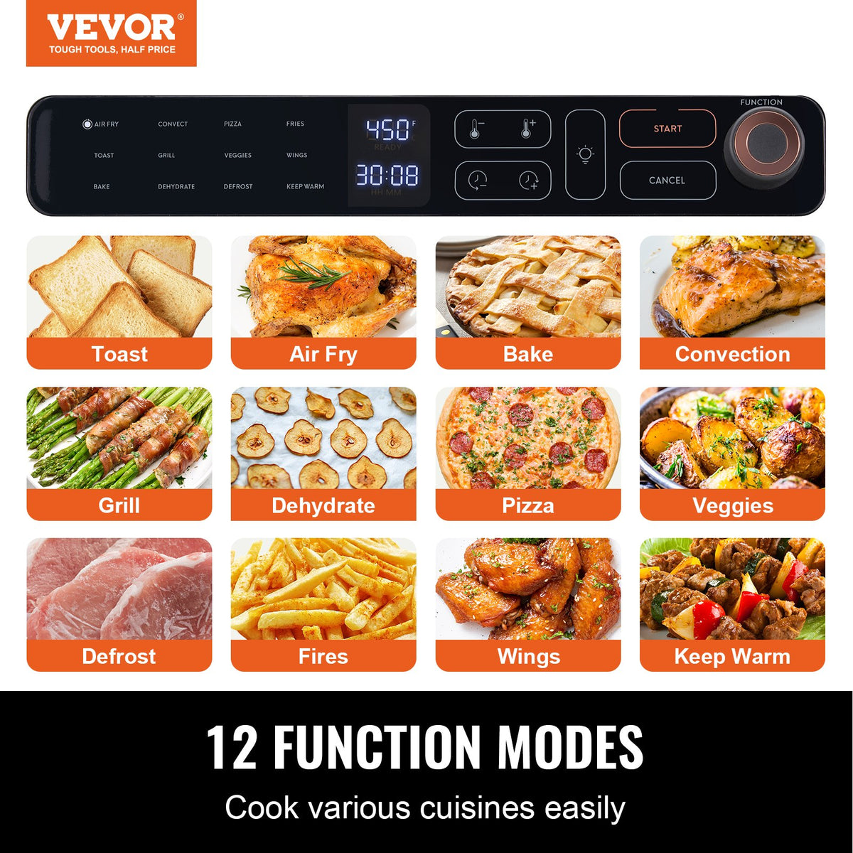 VEVOR 26.42 QT convection oven control panel and 12 cooking modes
