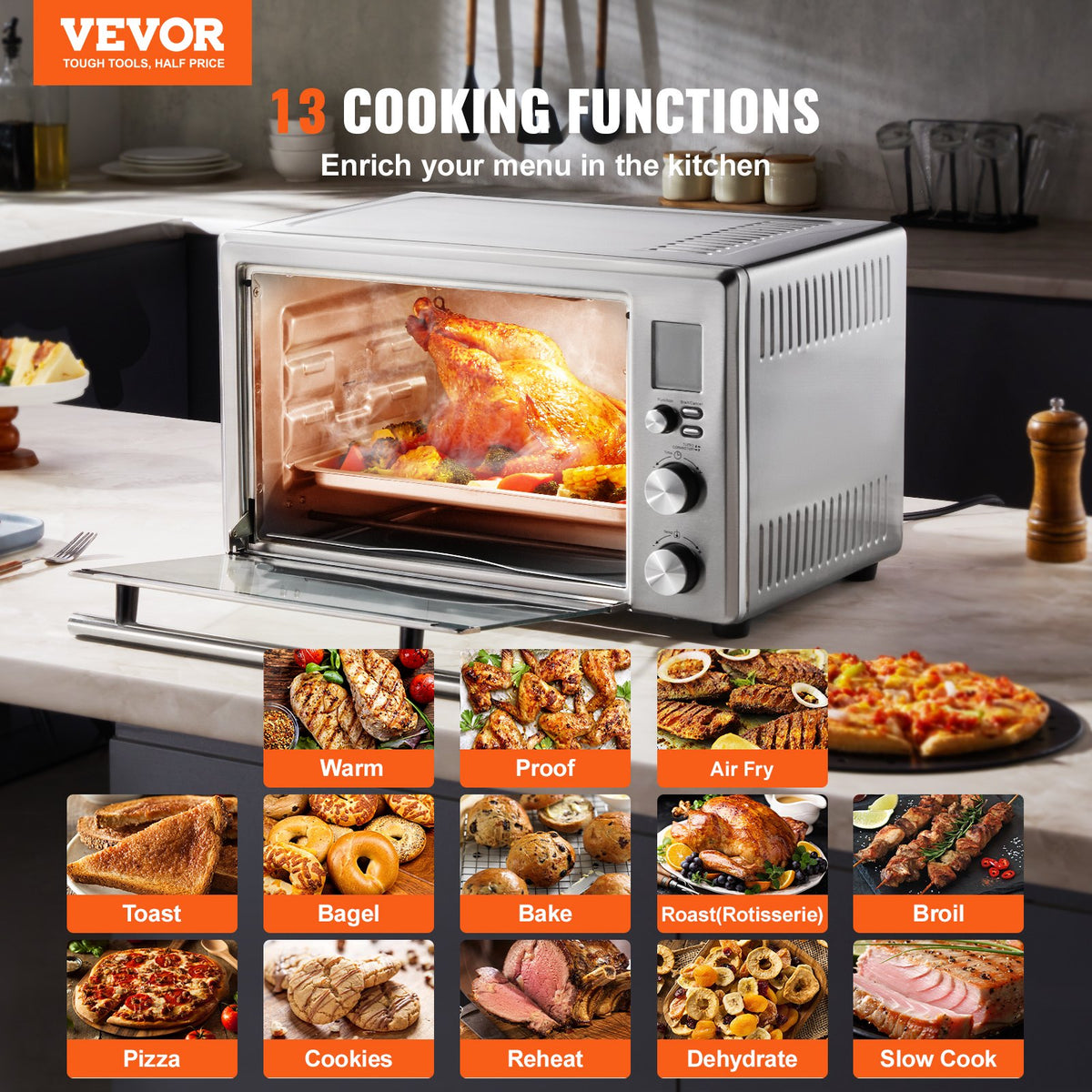 VEVOR 29.59 QT convection oven on a kitchen counter with 13 cooking functions
