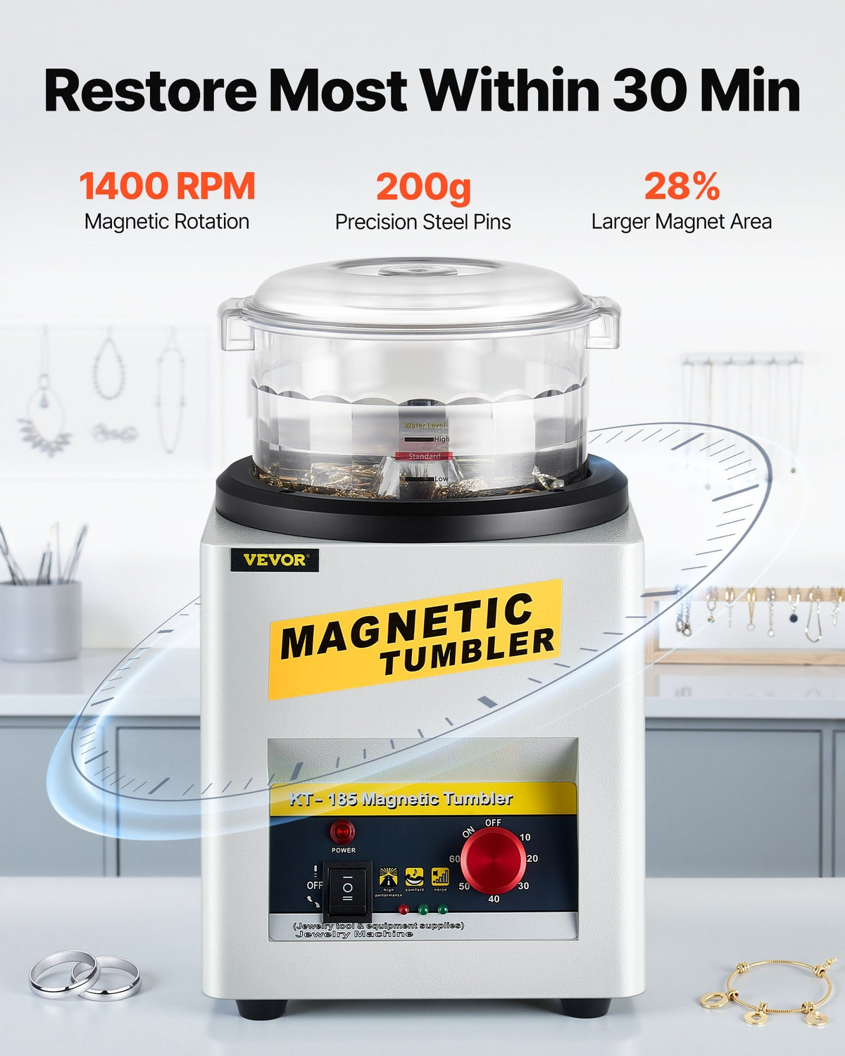 VEVOR Magnetic Tumbler, 180mm Jewelry Polisher Tumbler,2000 RPM KT-185 Jewelry Polisher Finisher with Adjustable Direction and Time for Jewelry (185mm) - KT-185CGT00000001V1 - view 2