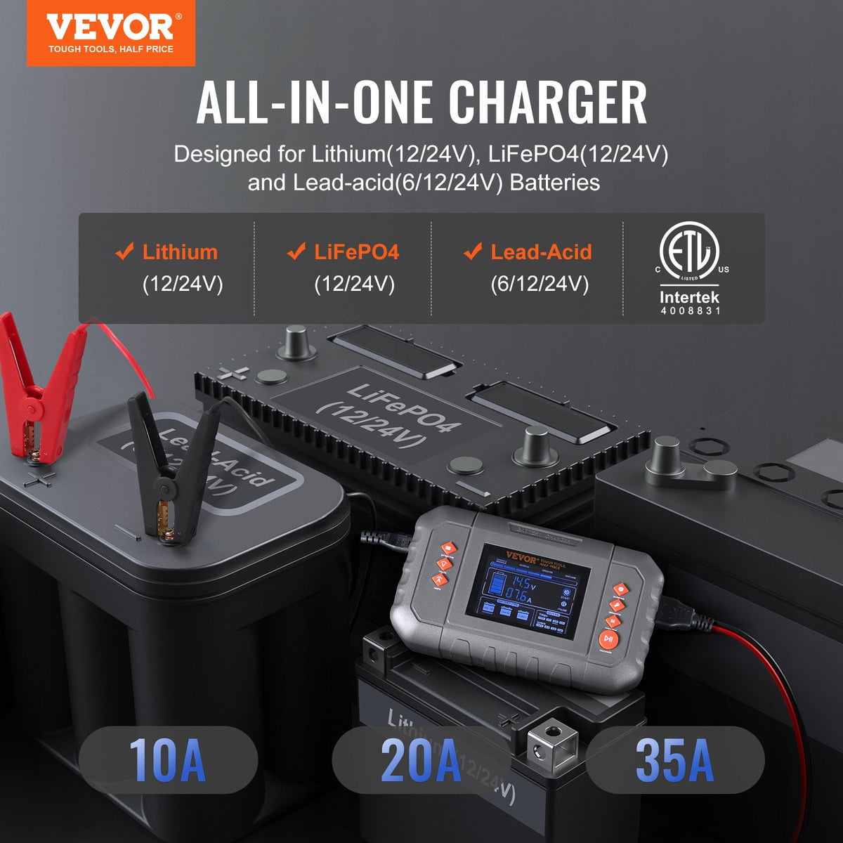 VEVOR Smart Battery Charger, 35-Amp, Lithium LiFePO4 Lead-Acid (AGM / Gel / SLA) Car Battery Charger with LCD Display, Trickle Charger Maintainer Desulfator for Boat Motorcycle