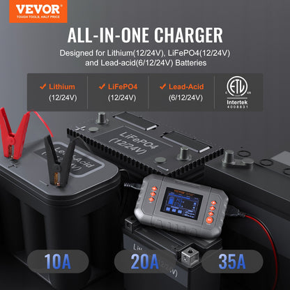 VEVOR Smart Battery Charger, 35-Amp, Lithium LiFePO4 Lead-Acid (AGM / Gel / SLA) Car Battery Charger with LCD Display, Trickle Charger Maintainer Desulfator for Boat Motorcycle
