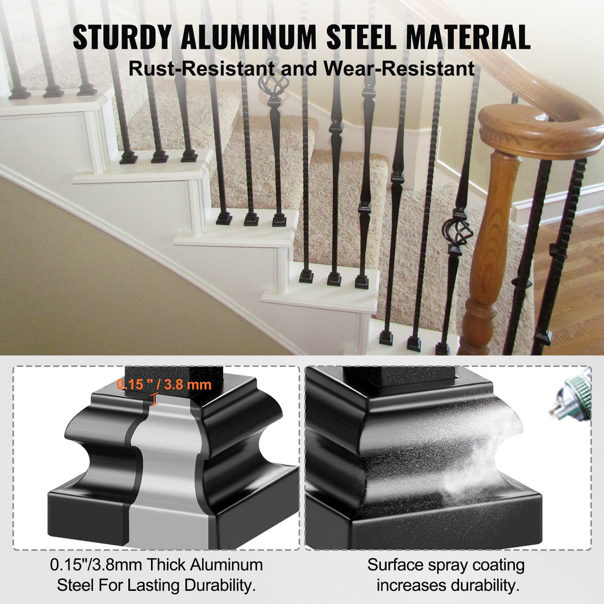 VEVOR Aluminum Alloy Baluster Shoes Stair Flat Shoe with Screw Holes for 1/2 Inch Square Scroll Basket Twist Knuckle Staircase Balusters Metal Spindle Railing, Satin Black (50 Pcs) - LGXZLHJPM50POOK8QV0 - view 3