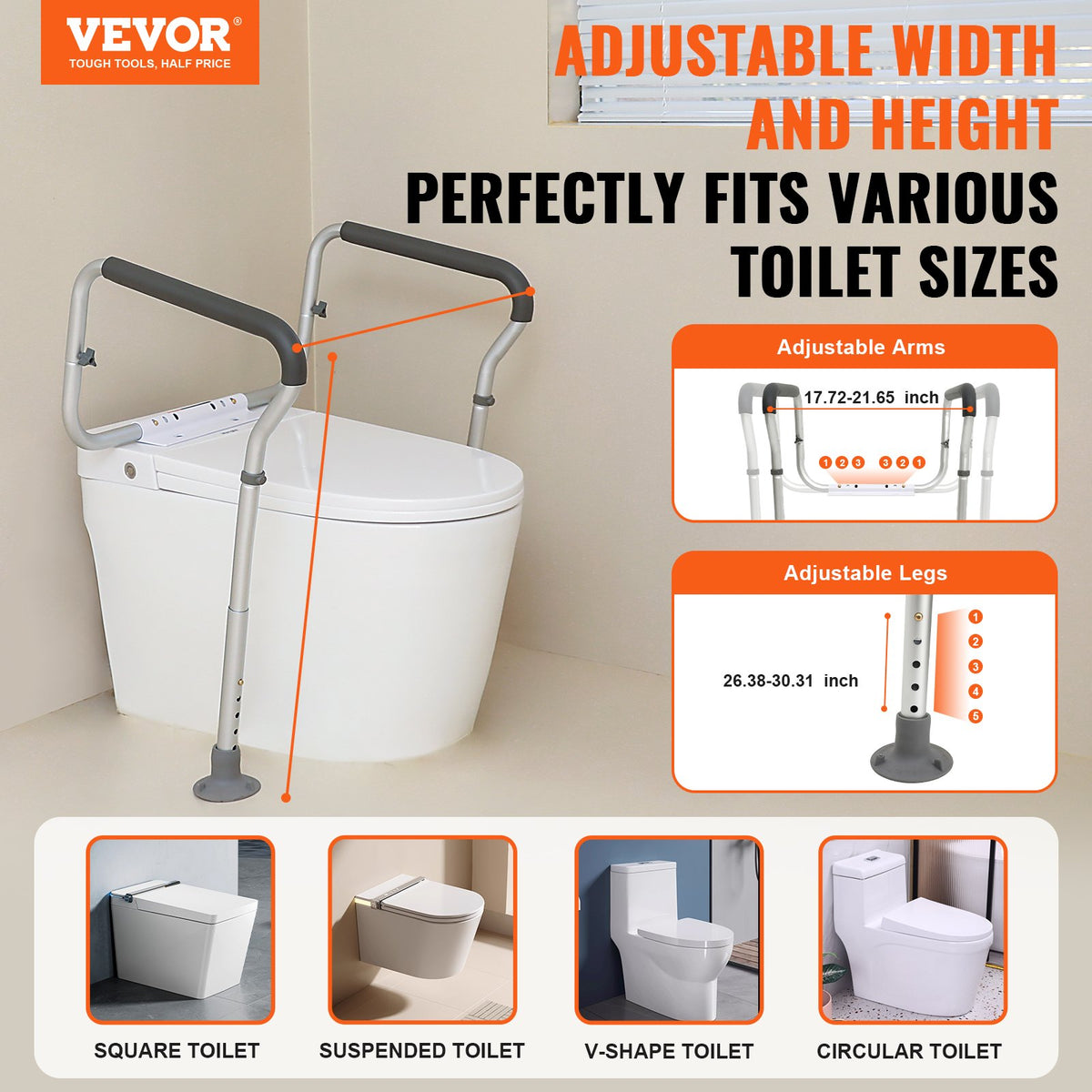 VEVOR Toilet Safety Rail, Bathroom Toilet Seat Frame, Adjustable Width & Height Fit Most Toilets, Supports 300lbs, Toilet Handles Grab Bars with Padded Armrests for Handicap, - LJLDSAQLG300LXDX1V0 - view 2