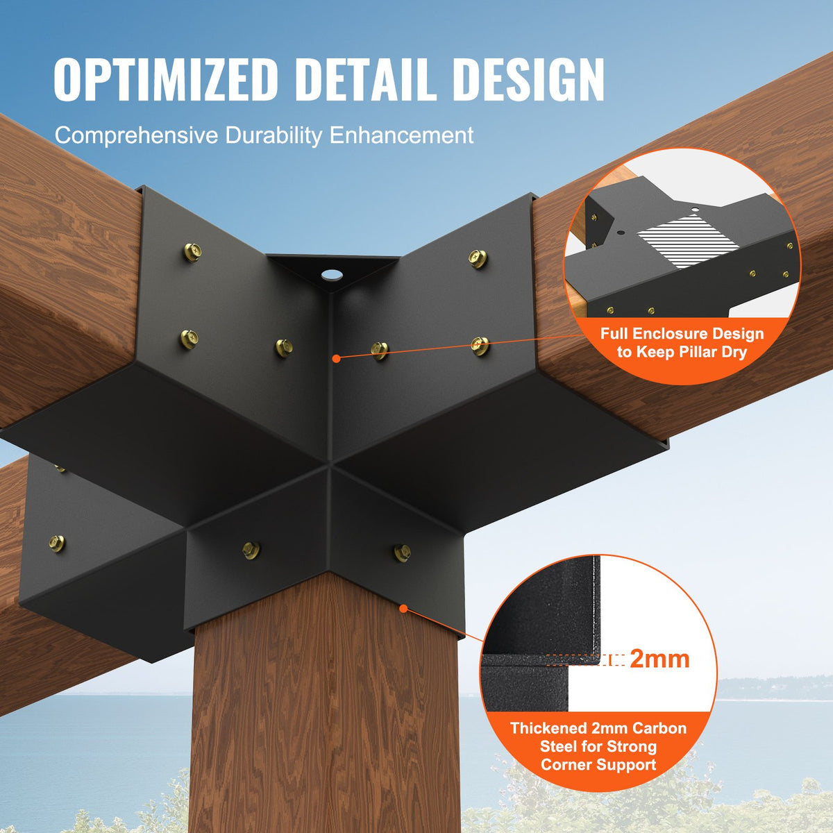 VEVOR Pergola Bracket Kit 4''x4''(Inner Size 3.6x3.6), 2pcs 4-Way Heavy Duty Corner Bracket Woodworks DIY Post Base Kit, Easy Installation Wooden Beams for Gazebos, Patio - LPJJST2PCS4XSCD6IV0 - view 3