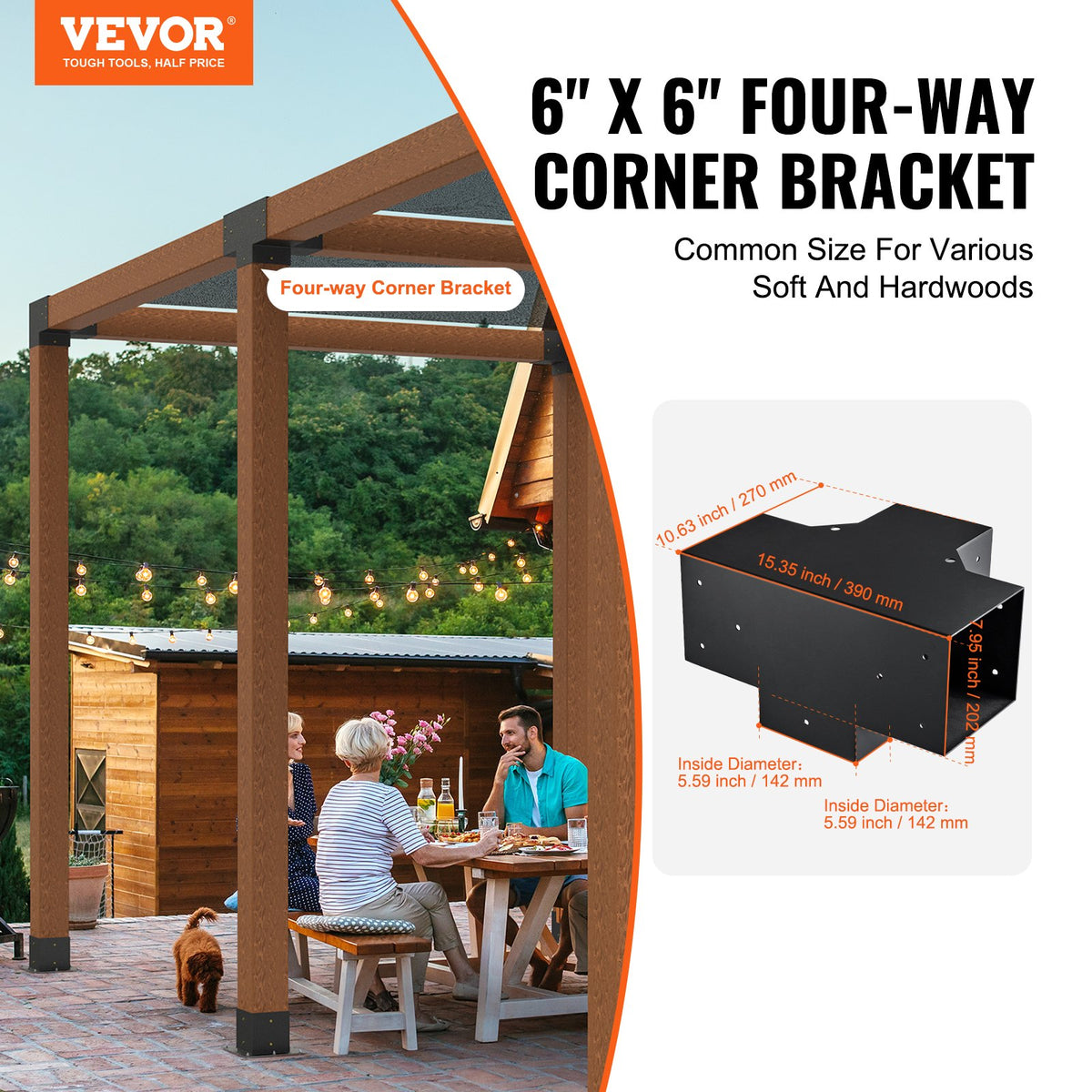 VEVOR Pergola Bracket Kit 6''x6''(Inner Size 5.6x5.6), 2pcs 4-Way Heavy Duty Corner Bracket Woodworks DIY Post Base Kit, Easy Installation Wooden Beams for Gazebos, Patio - LPJJST2PCS6X19RDFV0 - view 2
