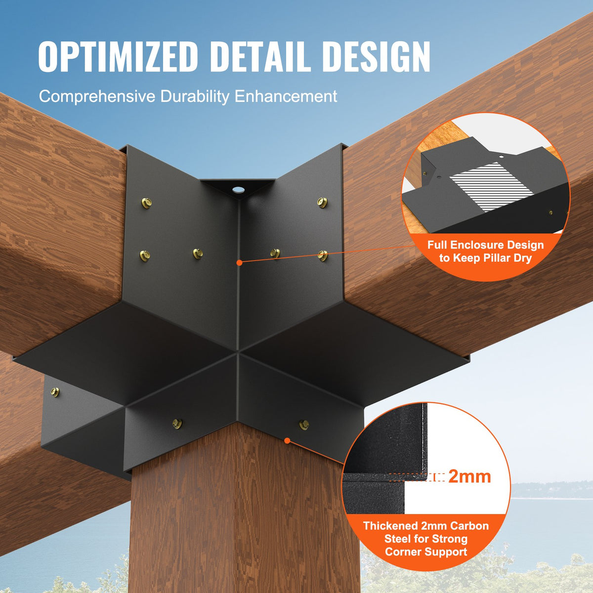 VEVOR Pergola Bracket Kit 6''x6''(Inner Size 5.6x5.6), 2pcs 4-Way Heavy Duty Corner Bracket Woodworks DIY Post Base Kit, Easy Installation Wooden Beams for Gazebos, Patio - LPJJST2PCS6X19RDFV0 - view 3