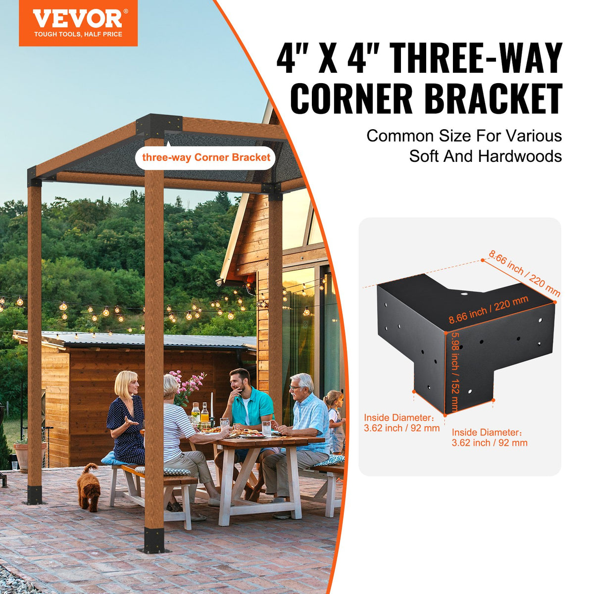 VEVOR Pergola Bracket Kit 4''x4''(Inner Size 3.6x3.6), 4pcs 3-Way Heavy Duty Corner Bracket Woodworks DIY Post Base Kit, Easy Installation Wooden Beams for Gazebos, Patio - LPJJST4PCS4X7SP6AV0 - view 2