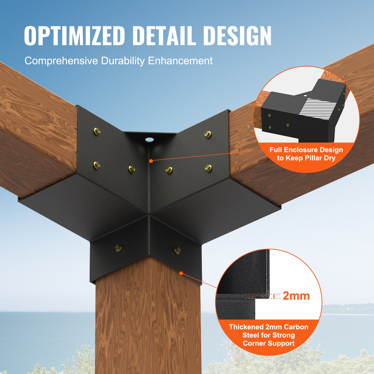 VEVOR Pergola Bracket Kit 4''x4''(Inner Size 3.6x3.6), 4pcs 3-Way Heavy Duty Corner Bracket Woodworks DIY Post Base Kit, Easy Installation Wooden Beams for Gazebos, Patio - LPJJST4PCS4X7SP6AV0 - view 3