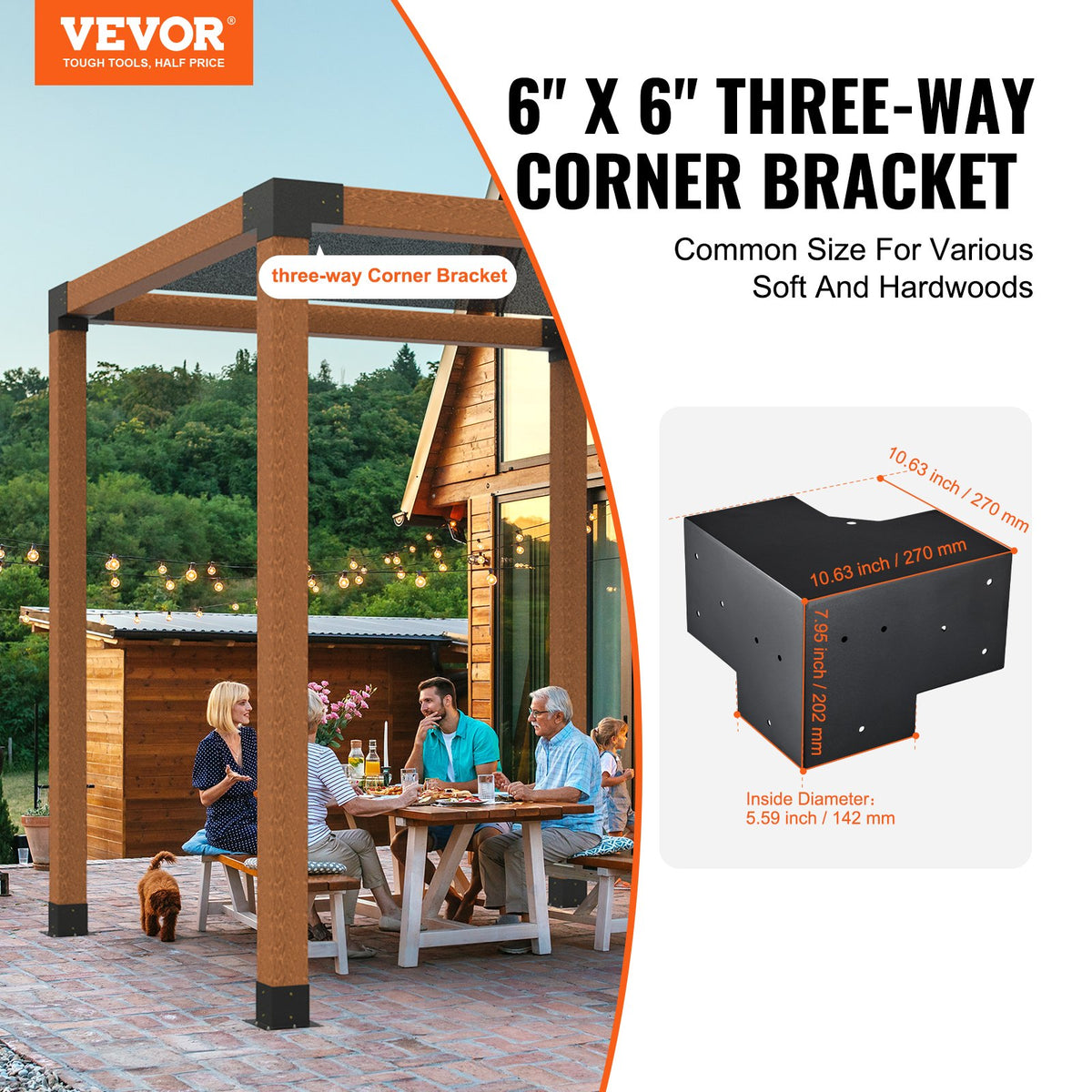 VEVOR Pergola Bracket Kit 6''x6''(Inner Size 5.6x5.6), 4pcs 3-Way Heavy Duty Corner Bracket Woodworks DIY Post Base Kit, Easy Installation Wooden Beams for Gazebos, Patio - LPJJST4PCS6XOAPMSV0 - view 2